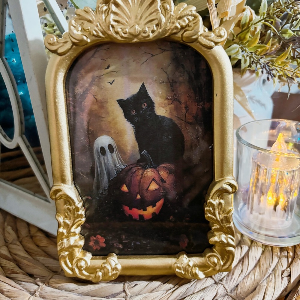 Elegant Gold Framed Halloween Cat and Pumpkin Art